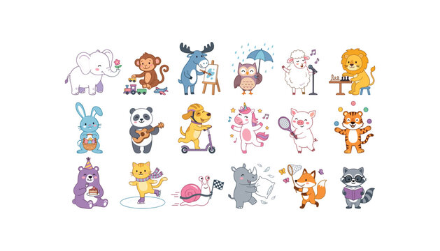 Cute cartoon animals hobby vector set featuring wildlife characters painting singing dancing playing instruments and sports flat illustrations
