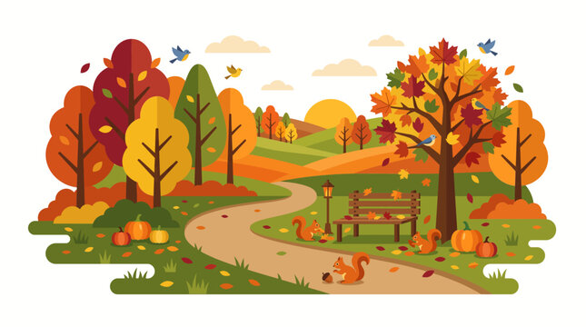 Vibrant Autumn Park Landscape Illustration with Colorful Trees, Pumpkins, and Squirrels along a Winding Path