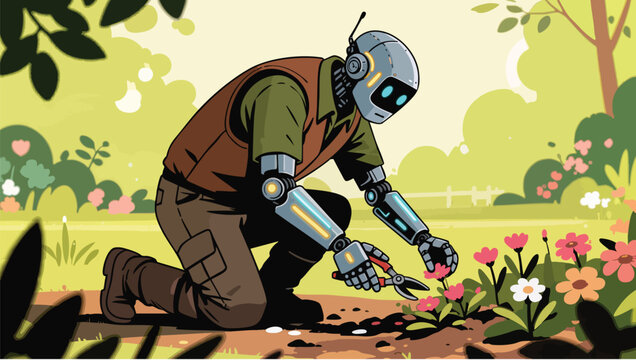 Pixel robot kneeling in a garden and pruning colorful flowers with metal shears in sunlight.