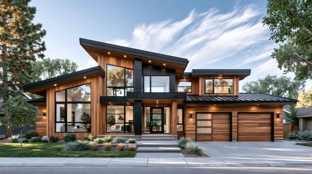 A modern two-story house with large glass windows, wooden accents, and a three-car garage under a bright blue sky with wispy clouds.