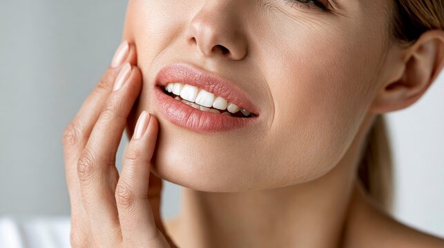 Close-up of a woman gently touching her smooth cheek, showcasing natural skin texture and a subtle smile.