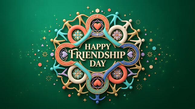 Happy friendship day celebration greeting card design with circular arrangement of stylized people