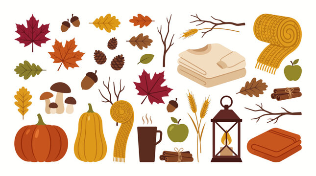 Charming Autumn Collection of Seasonal Elements Including Pumpkins, Leaves, Sweaters, and Warm Drinks