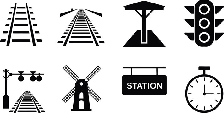 Train Station Icon vector illustration featuring railway station building rails signal barrier clock crossbuck public transport navigation and infrastructure symbols