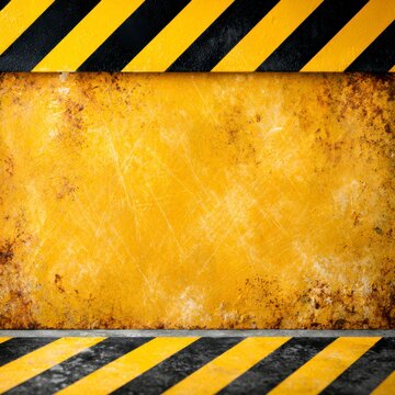 Rusty, scratched yellow metal surface framed by black and yellow caution stripes on top and bottom.