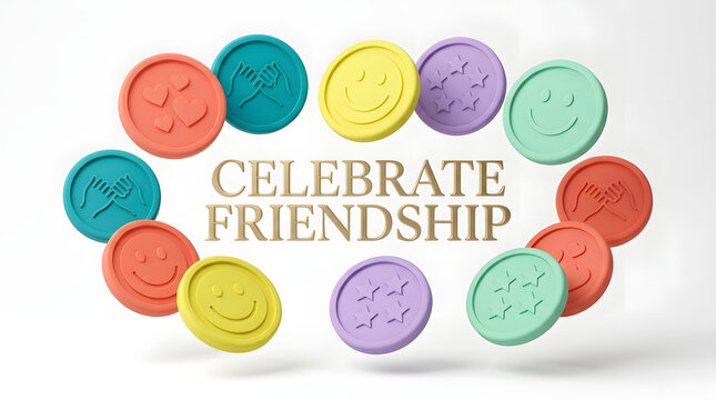 Celebrate friendship concept with colorful round tokens featuring smiling emoticons on white backdrop
