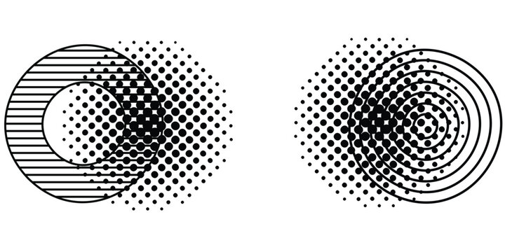 Concentric ripple circles set. Dotted sound wave rings collection. Epicentre, target, radar icon concept. Radial signal or vibration elements. Halftone vector