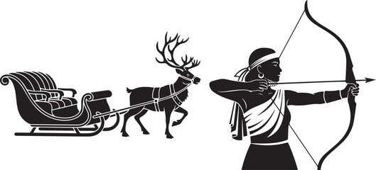 Man in winter clothes shooting arrow from sleigh pulled by reindeer © Sebika
