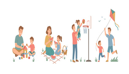 Fototapeta premium Happy family outdoor activities vector illustration set featuring parents playing building blocks picnic eating watermelon basketball and flying kite