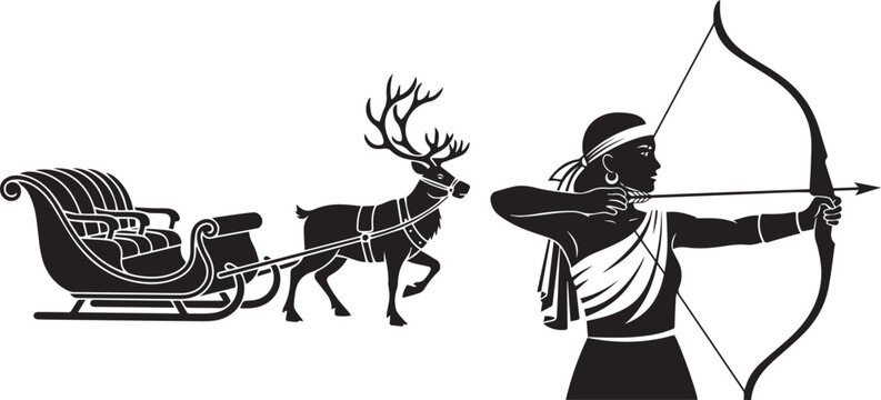 Man in winter clothes shooting arrow from sleigh pulled by reindeer