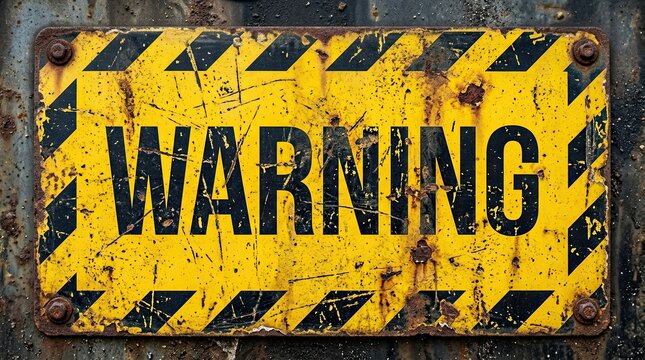 Vintage yellow safety sign with black diagonal stripes and bold warning text showing heavy rust corrosion scratches and peeling paint texture on old metal plate industrial hazard concept with symbolic
