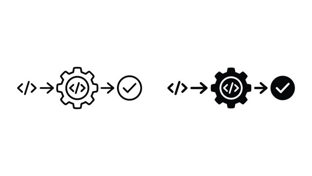 Code development workflow process icon set with gear and checkmark, development