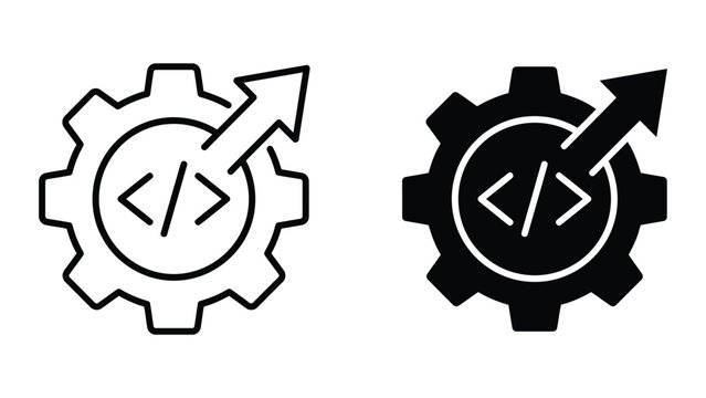 Gear with coding bracket symbol and arrow icon set software development