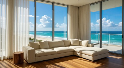 Naklejka premium Modern living room with white sectional couch features expansive ocean views through floor-to-ceiling windows. Sheer curtains frame the beach and blue sky, offering a tranquil, luxury home.