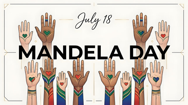 Mandela day july 18 greeting card design featuring diverse raised hands with patterned hearts, activism