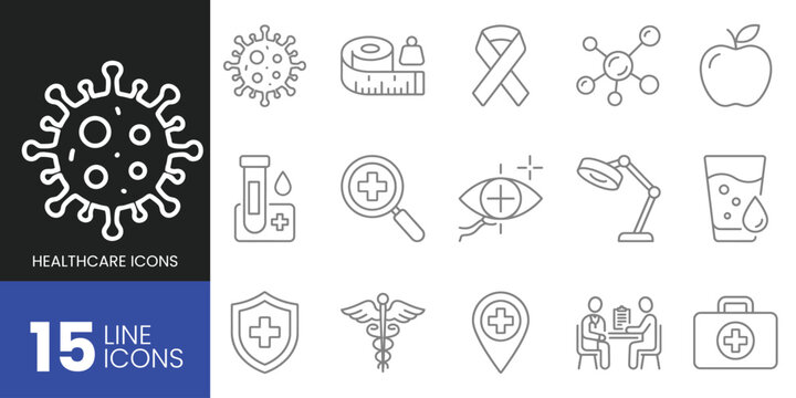 Set of 15 thin line healthcare and medical icons, including virus, medical cross, doctor, apple, and medical equipment