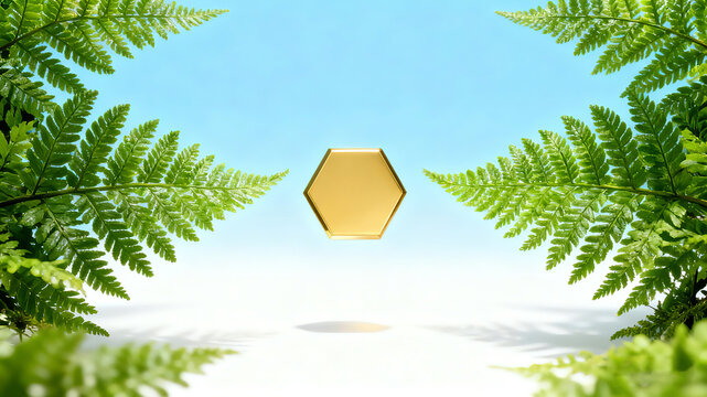 Fresh green fern leaves suspended in a square golden hexagon, representing the concept of native plant extracts, natural preservatives, organic mildness, skincare and beauty
