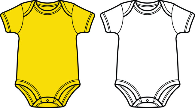 A vibrant yellow short-sleeved baby onesie with detailed snaps at the crotch, displayed alongside a clean white line of the identical garment, presented on a white