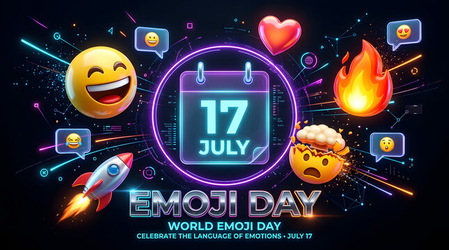 World emoji day celebration design with neon calendar july 17 glowing icons and party elements