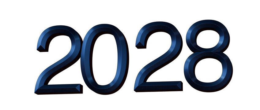 2028 year in elegant metallic blue font on white background, perfect for New Year, futuristic concep