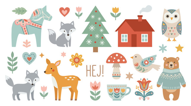Cute Scandinavian Folk Art Winter Collection Elements.