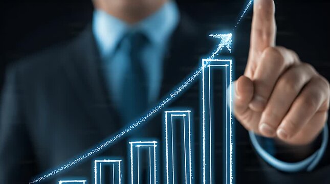 Financial growth chart rising with executive interaction in a corporate digital environment with cinematic panning for business presentation marketing