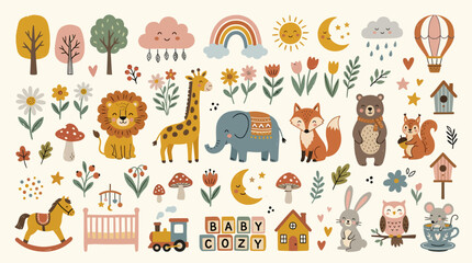 Fototapeta premium Cute Woodland Animal and Baby Nursery Elements Collection.
