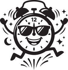 Fototapeta premium Cheerful alarm clock character with sunglasses and fireworks illustration