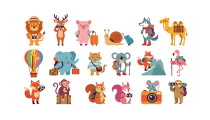 Cute traveling animals vector set featuring cartoon wildlife characters with suitcases backpacks cameras and camping gear flat design © Ruma