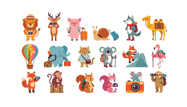 Cute traveling animals vector set featuring cartoon wildlife characters with suitcases backpacks cameras and camping gear flat design