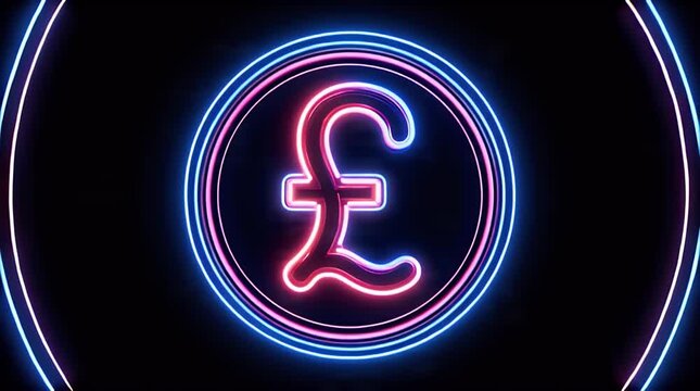British pound sterling symbols glowing in dark digital space with cinematic neon lighting and panning for financial technology marketing