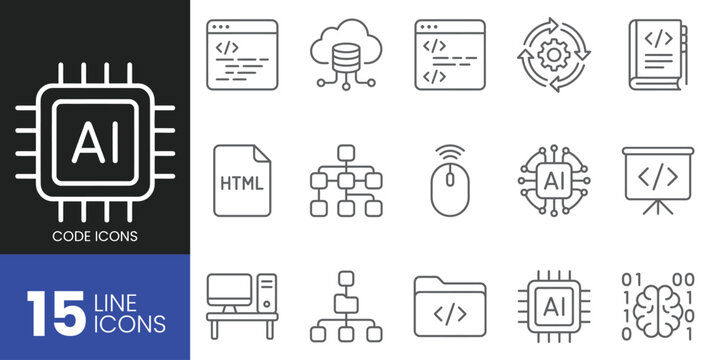 Set of 15 ai and coding line icons, including artificial intelligence chip, cloud database, programming code, software development, html file, and binary brain