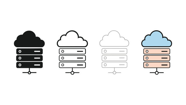 Cloud server icon set black outline line and blue variations