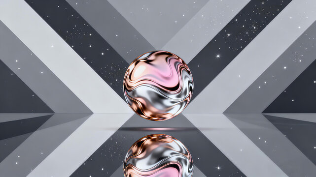 The diamond grid mirror supports a flowing gradient metal sphere, representing the concept of facial polishing and brightening, mirror base makeup, and light luxury makeup creation
