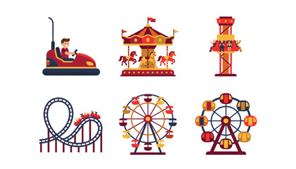 Amusement park rides vector set featuring ferris wheel roller coaster carousel bumper car drop tower flat design illustrations © Ruma