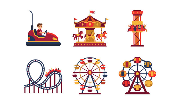 Amusement park rides vector set featuring ferris wheel roller coaster carousel bumper car drop tower flat design illustrations