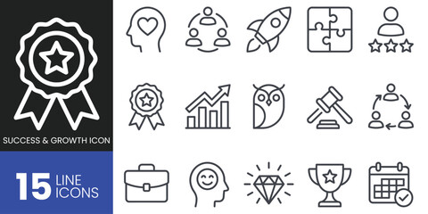 Fototapeta premium Set of success and growth line icons, including business, achievement, strategy, and development symbols for professional use