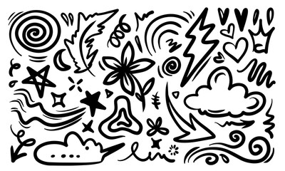Fototapeta premium Cute line sketch leaves, flower, cloud decoration element icon set. Hand drawn sketch doodle cute lightning, heart, stars. Line text decoration scribble shape icon. Hand drawn Vector illustration.