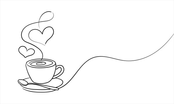 Coffee mug with continuous line design with hearts, continious line drawing. Vector illustration