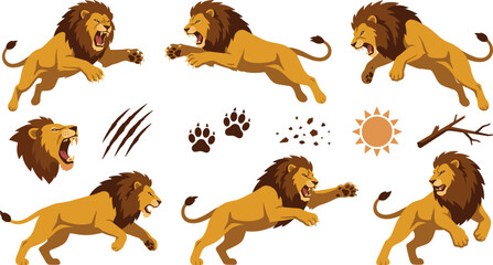 Roaring African Lion Vector Illustration Set Featuring Angry Pouncing Jumping and Attacking Wild Cats with Claw Marks Sun and Paw Print Elements © MstMahomuda