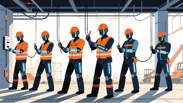 Pixel electricians in hard hats and vests working with wires and panels.