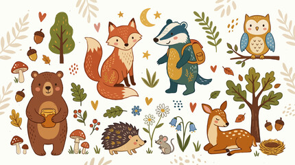 Fototapeta premium Cute Woodland Animals Illustration Collection Set.