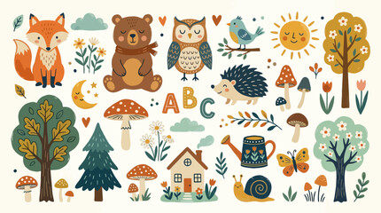 Obraz premium Cute Woodland Forest Animals and Nature Elements Illustration Set.