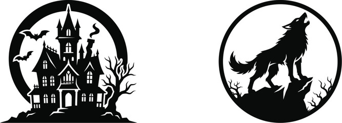 Haunted house mansion and howling wolf moon silhouettes. © Abdus
