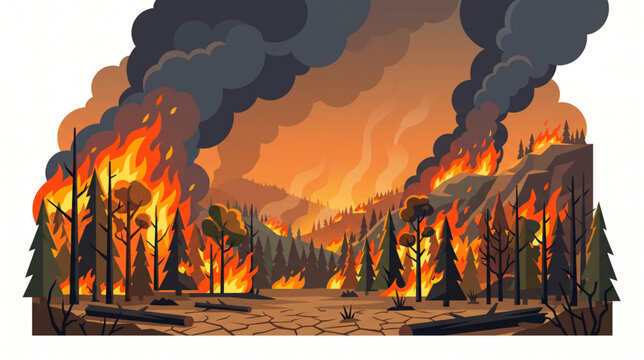 Wildfire in Mountain Forest Vector Illustration with Burning Trees and Climate Change Disaster