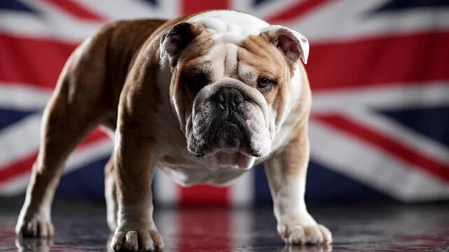 English bulldog standing proudly in front of a British Union Jack flag in studio.