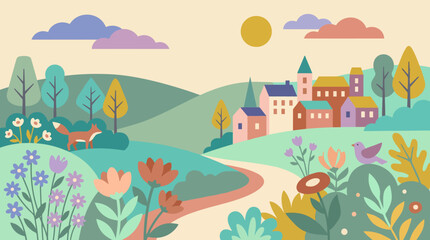 Obraz premium Flat illustration of a cozy village landscape with a cute fox and spring flowers.