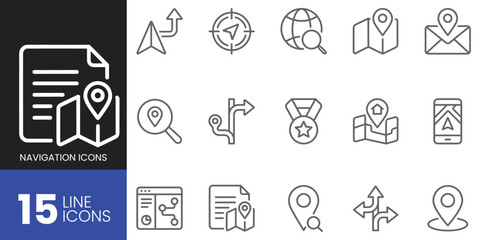 Fototapeta premium Set of 15 navigation line icons, including map pin, location, route, direction, gps, and travel symbols for web and mobile applications