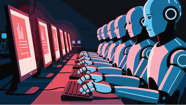 Pixel robots in a dark room, typing on computers with red and pink screen glow data processing.