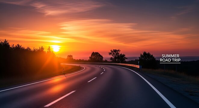 Sunset illuminated highway with moving car lights.